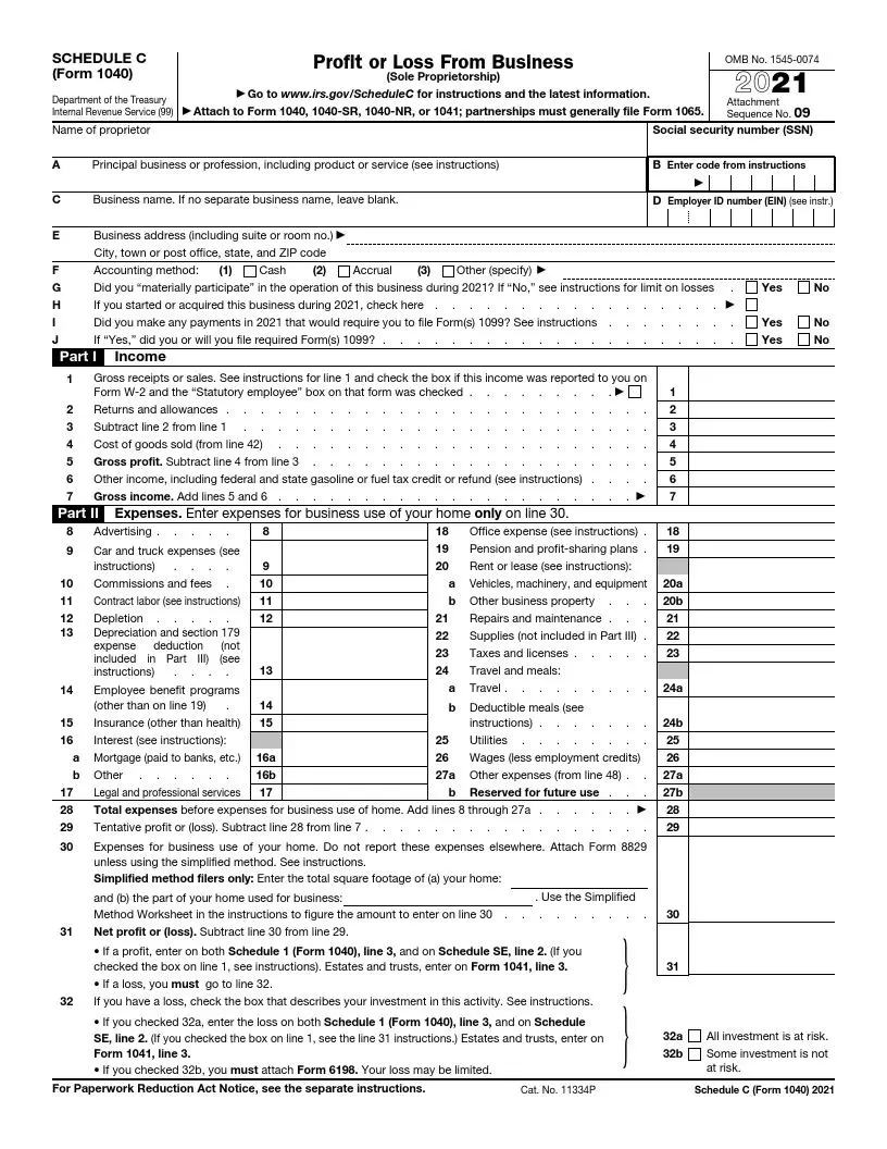 1040 Schedule C Form Fill Out IRS Schedule C Tax Form 2021