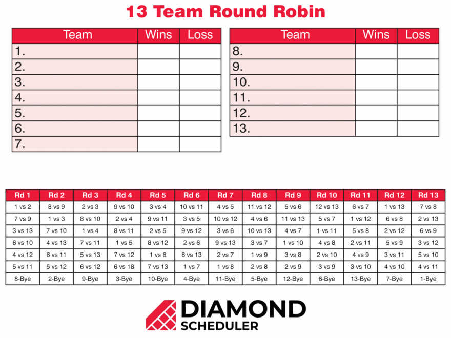 13 Team Round Robin Tournament Printable Diamond Scheduler