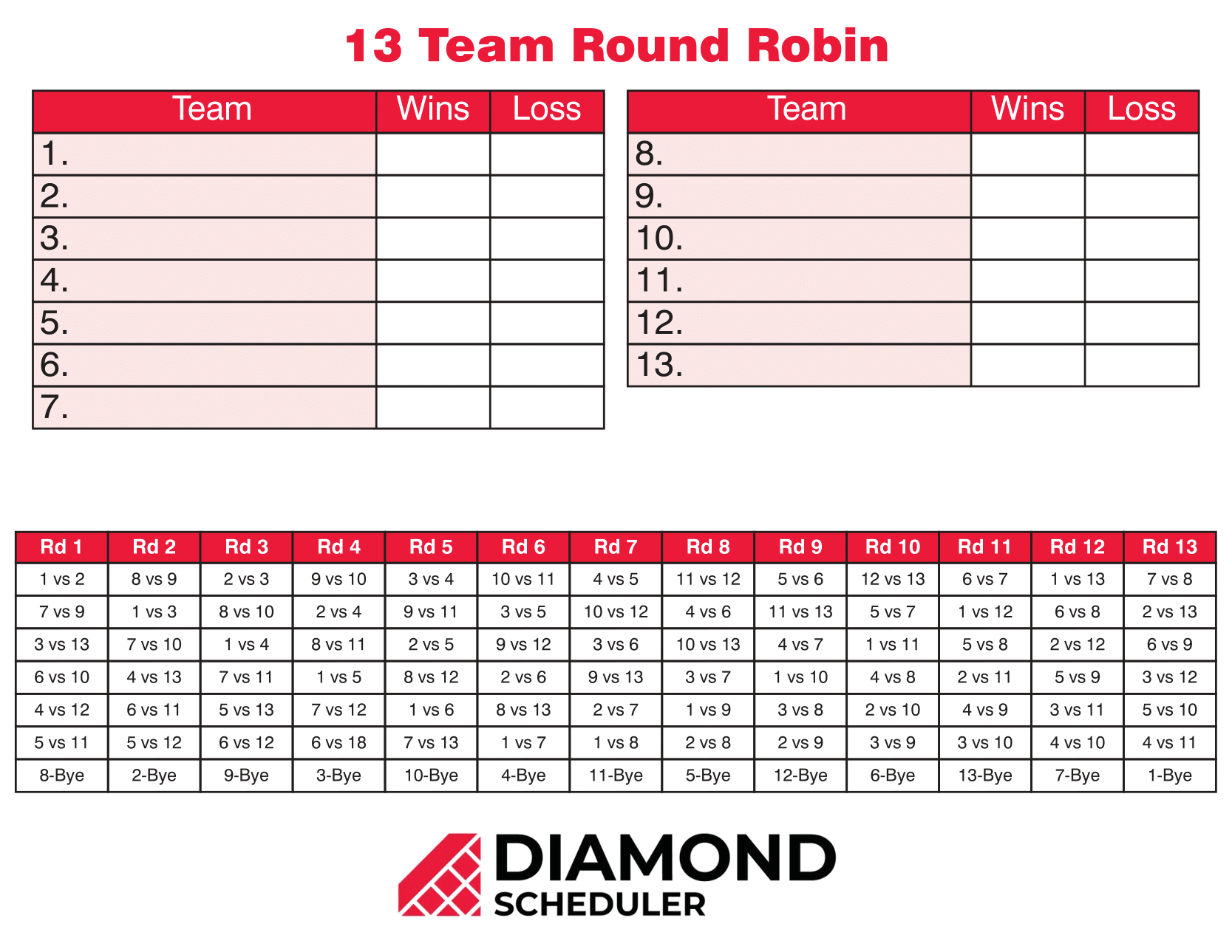 13 Team Round Robin Tournament Printable Diamond Scheduler