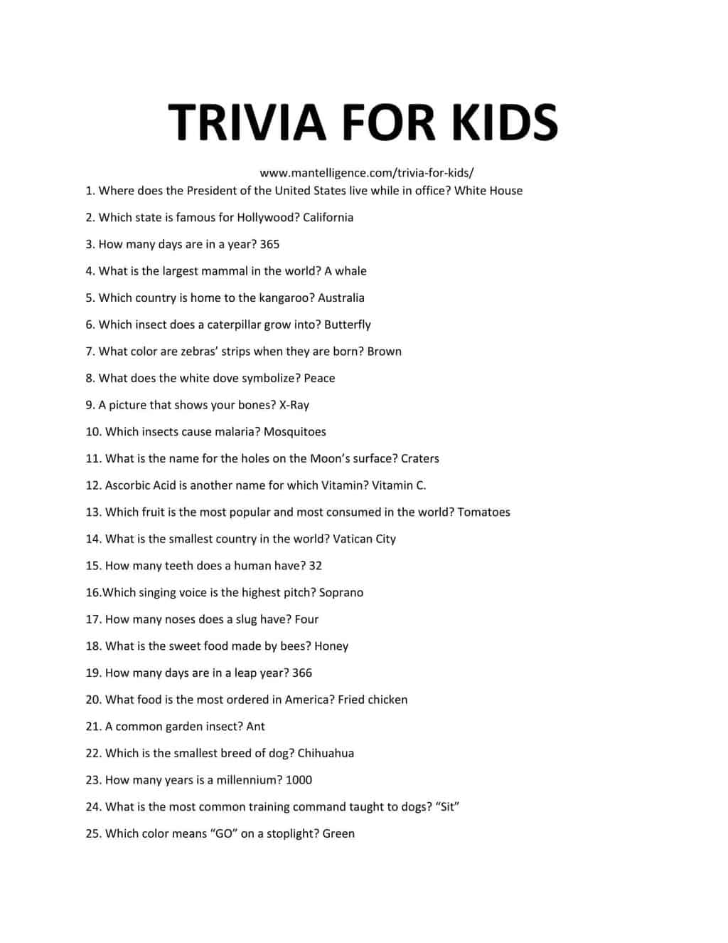 192 Kids Trivia Questions amp Answers Easy To Hard Mantelligence 192 Kids Trivia Questions amp Answers Easy To Hard Mantelligence