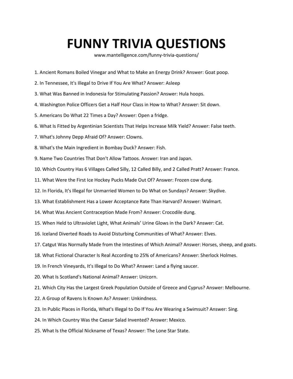 Printable Trivia For Guys