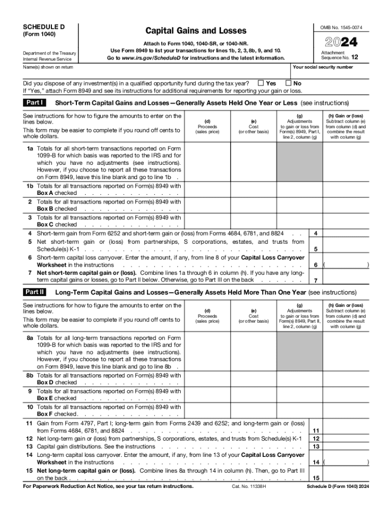 2024 Form IRS 1040 Schedule D Fill Online Printable Fillable 