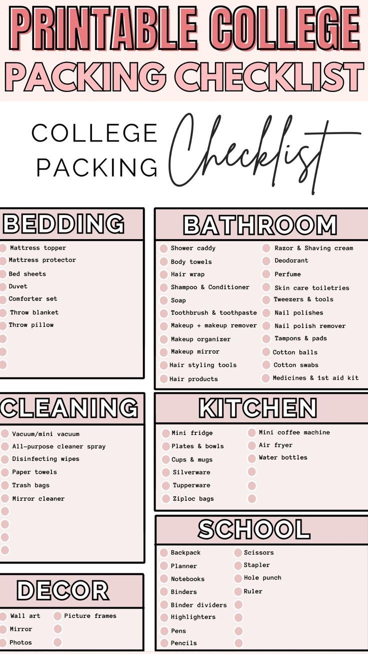 Printable Packing List For Dorm Room