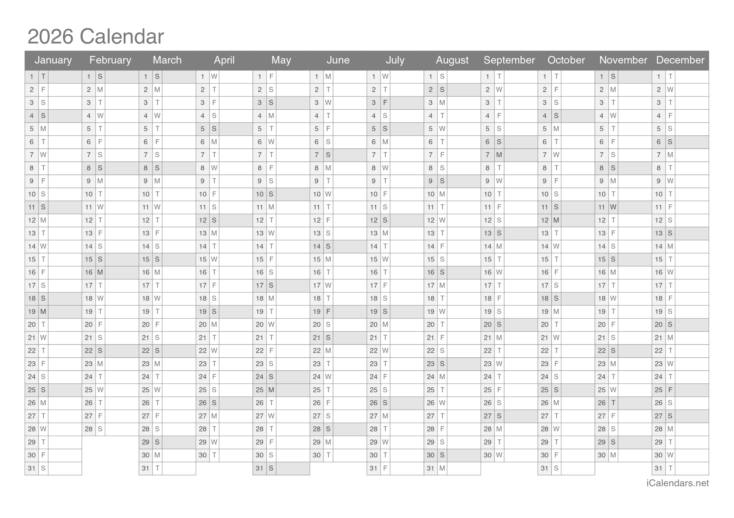 2026 Printable Calendar PDF Or Excel