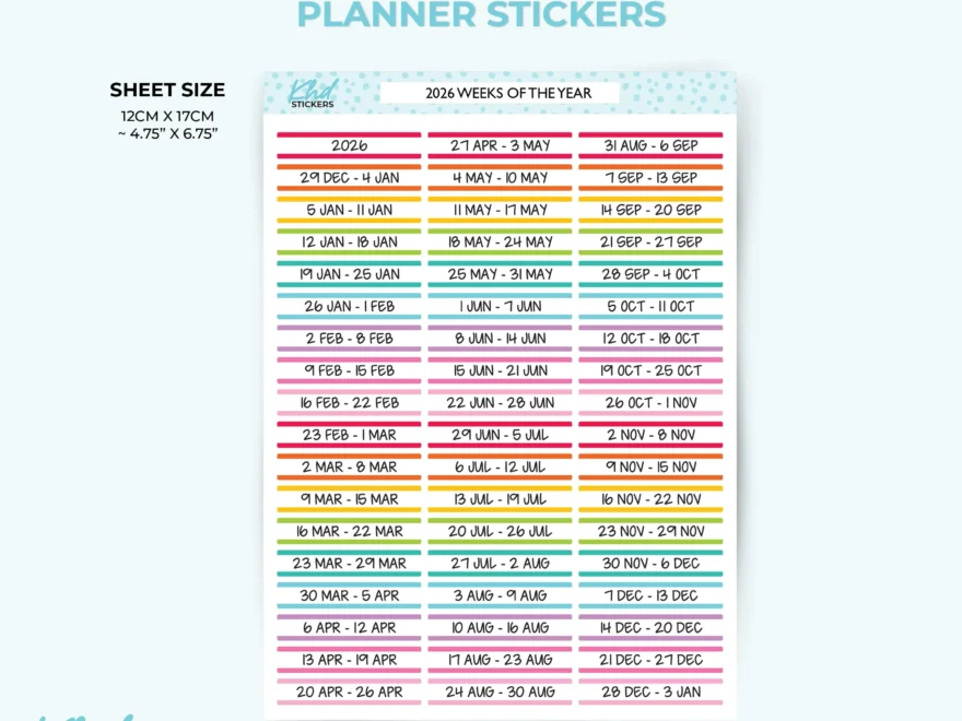 2026 Weekly Dated Stickers Planner Stickers Week Starts Monday