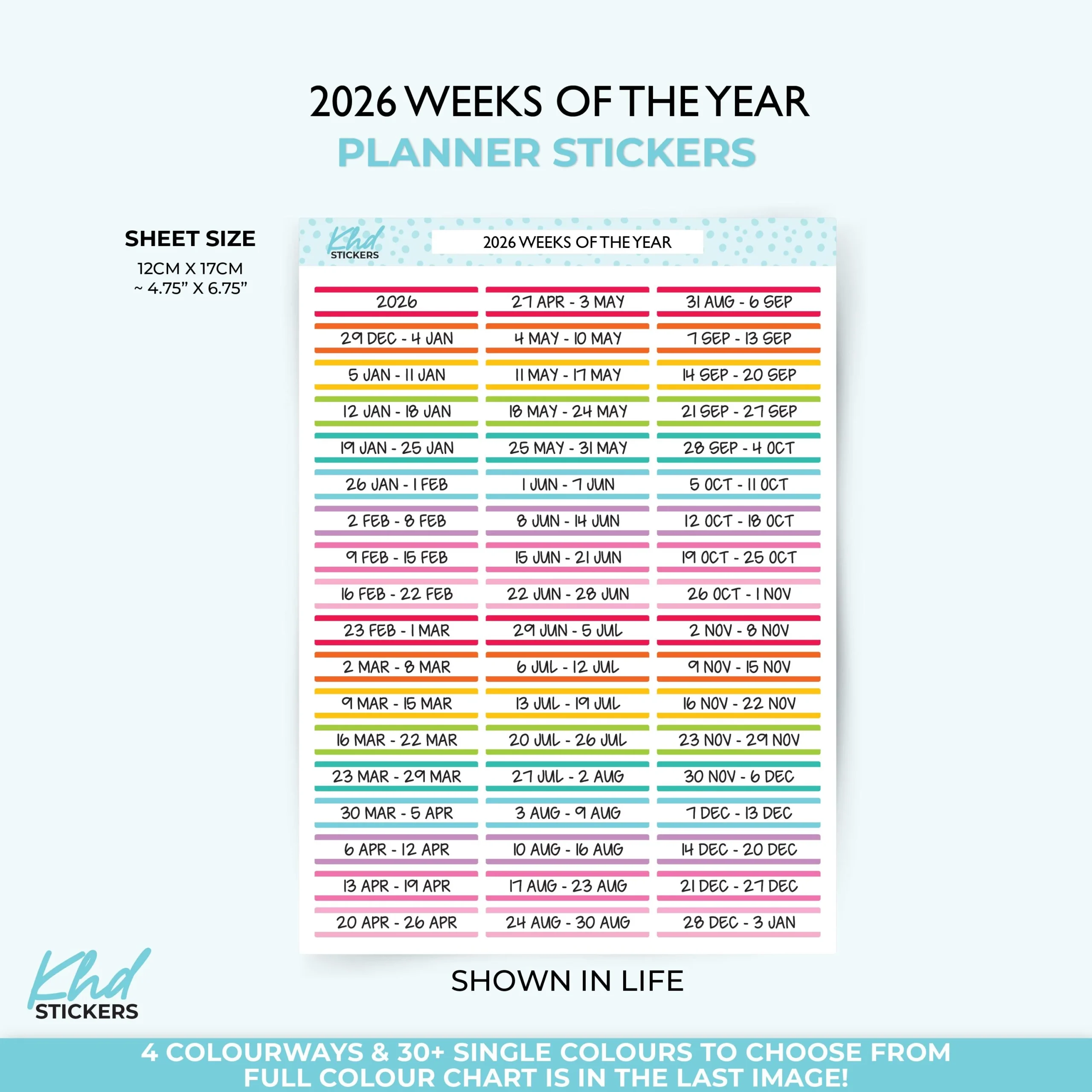 2026 Weekly Dated Stickers Planner Stickers Week Starts Monday 