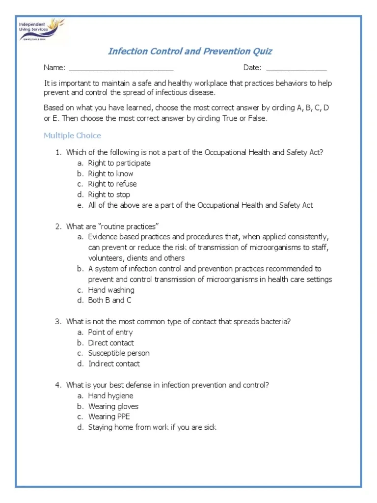 Printable Infection Control Quiz
