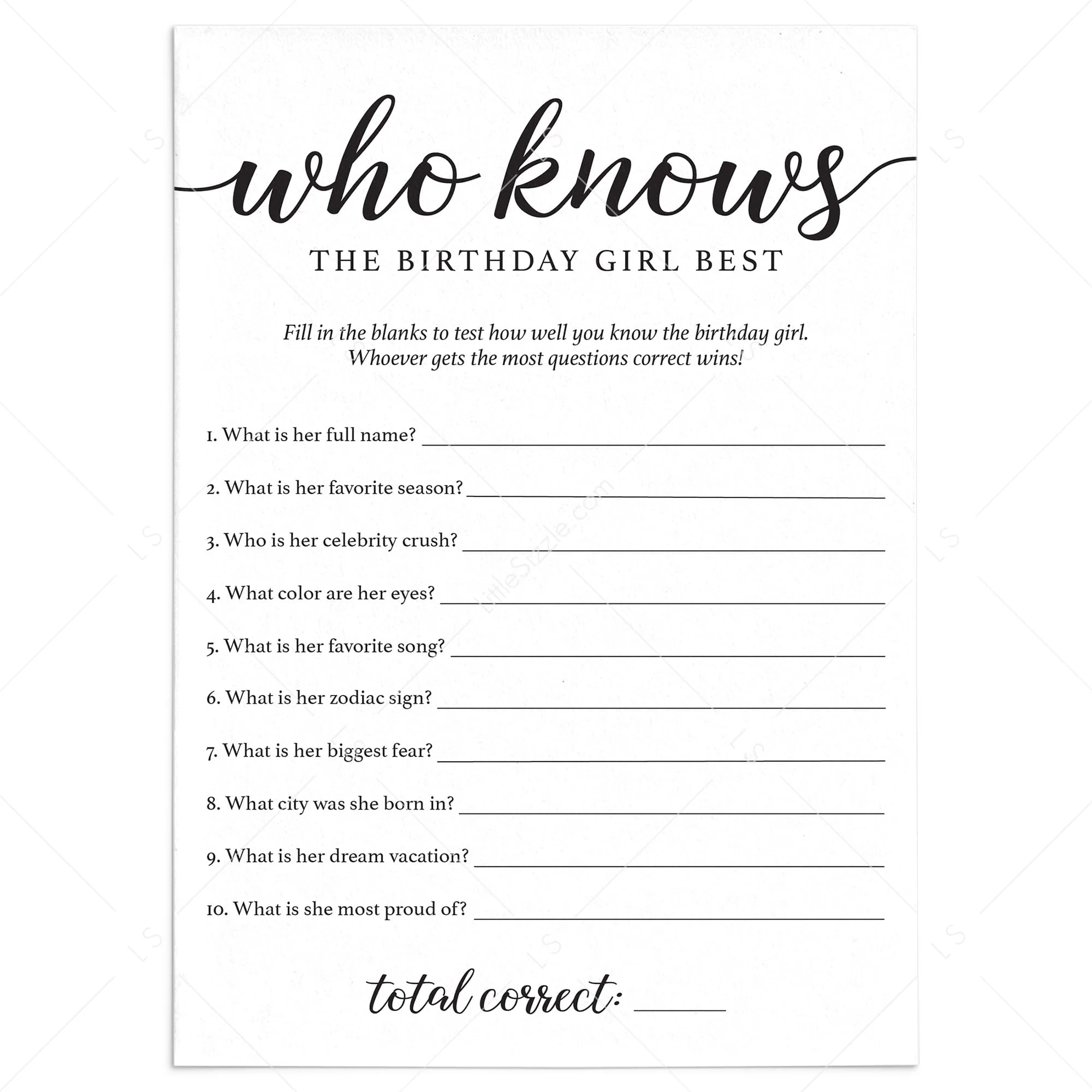 Birthday Trivia Game Printable Who Knows The Birthday Girl Best