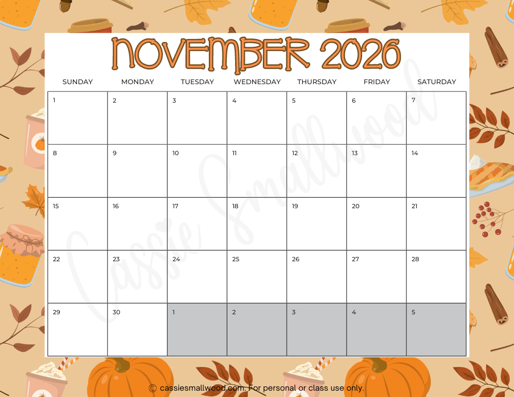 Calendar November 2026 Thanksgiving Printable