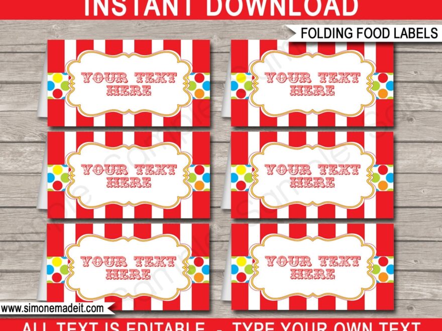 Carnival Food Labels Template Editable Circus Party Place Cards