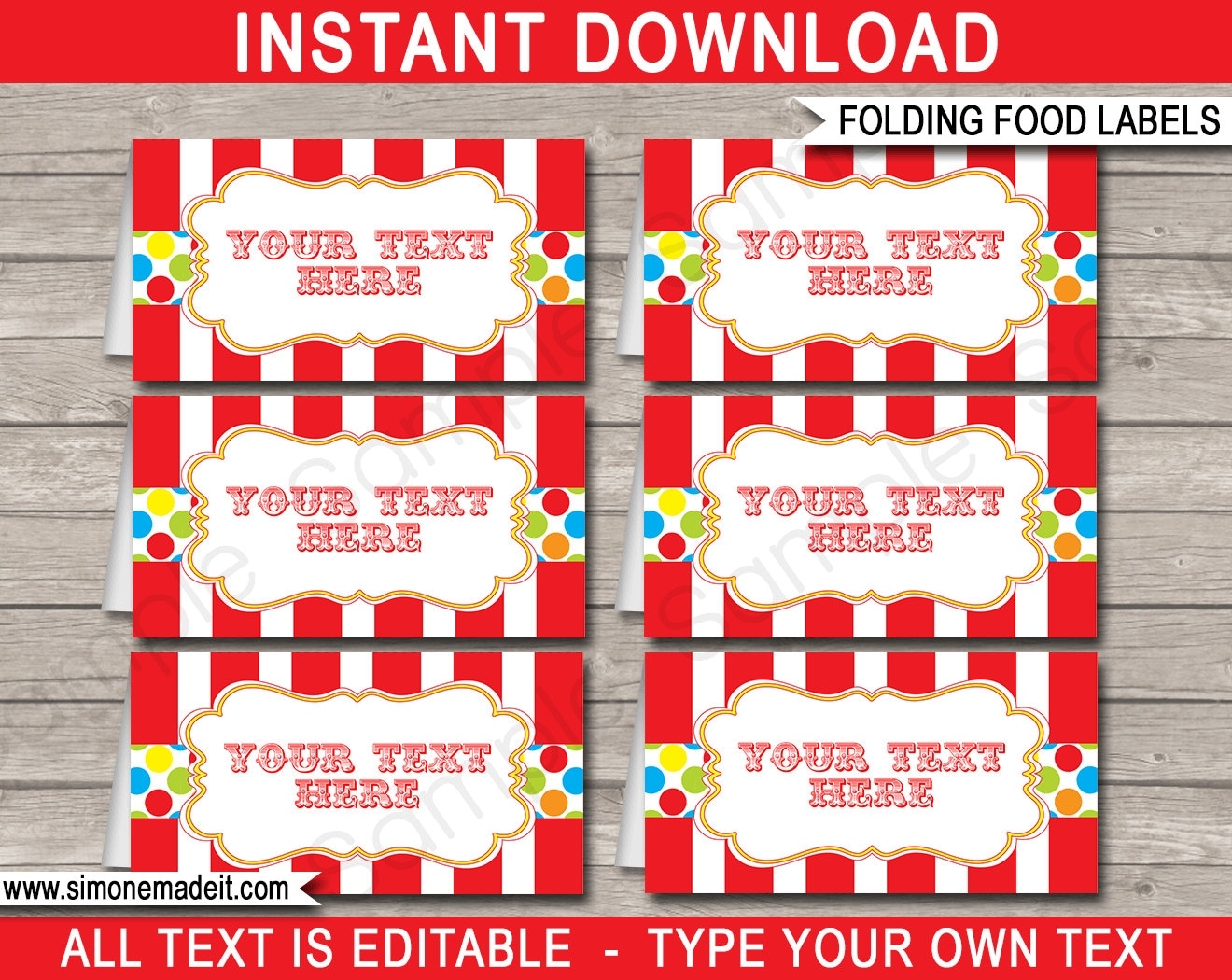 Carnival Food Labels Template Editable Circus Party Place Cards 