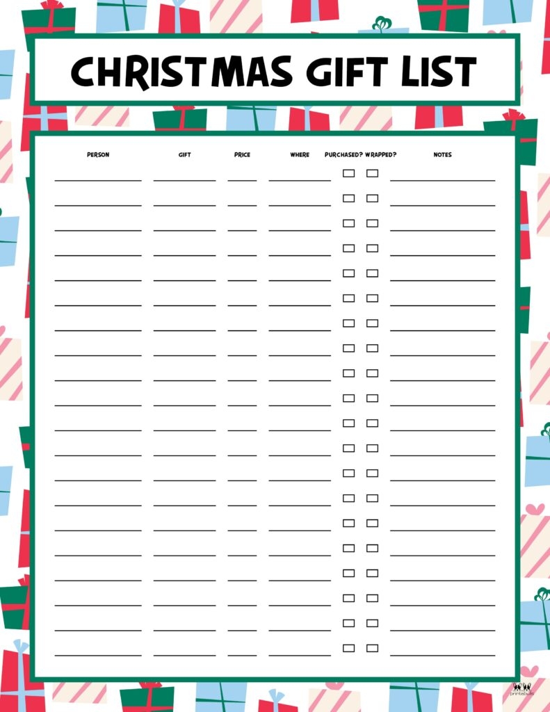 Christmas Gift List Templates 20 FREE Pages Printabulls