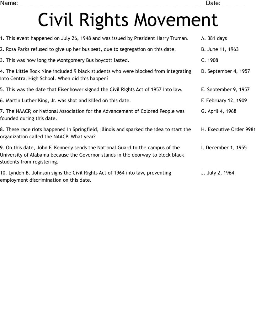 Civil Rights Movement Worksheet WordMint