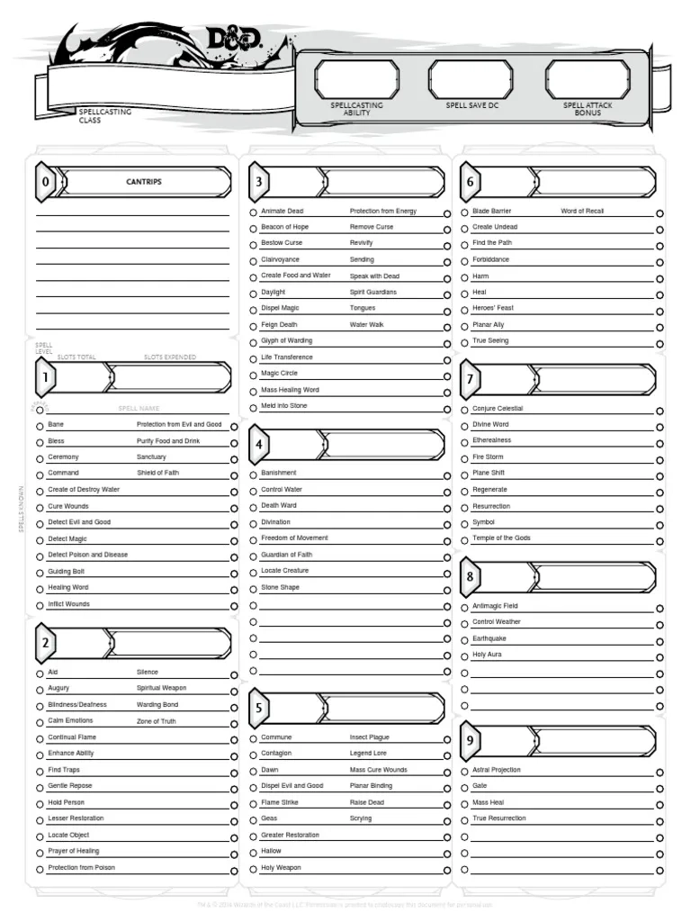 Printable Cleric Spell List Dnd 5