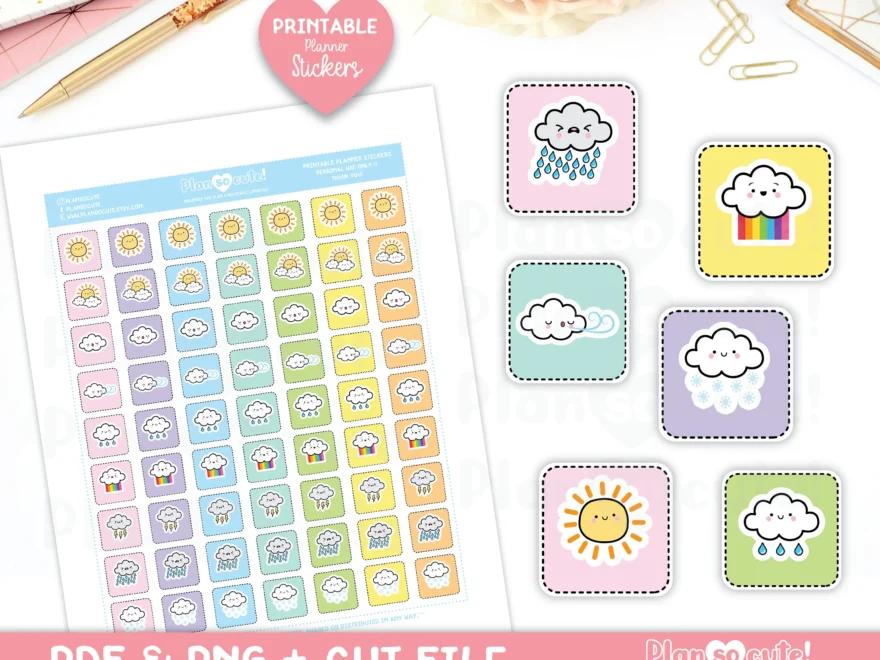 Cute Kawaii Weather Printable Planner Stickers Hobonichi Weeks Cricut And Silhouette Files Bullet Journal Stickers