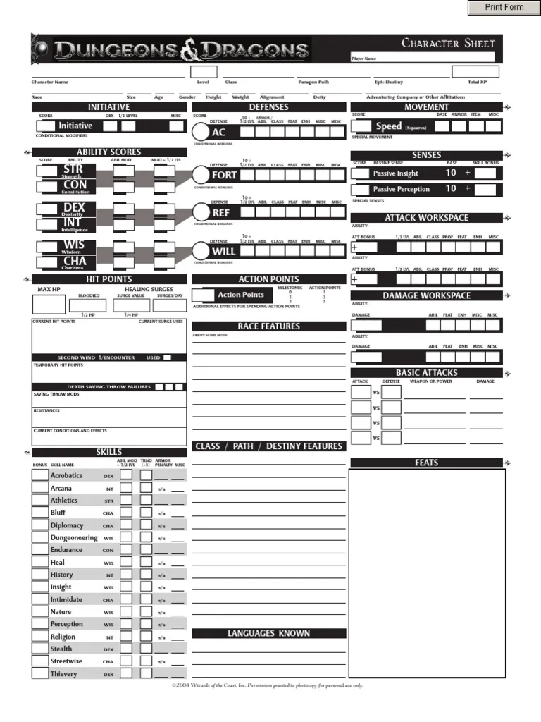 D amp D 4th Edition Character Sheets Fillable PDF PDF Leisure 