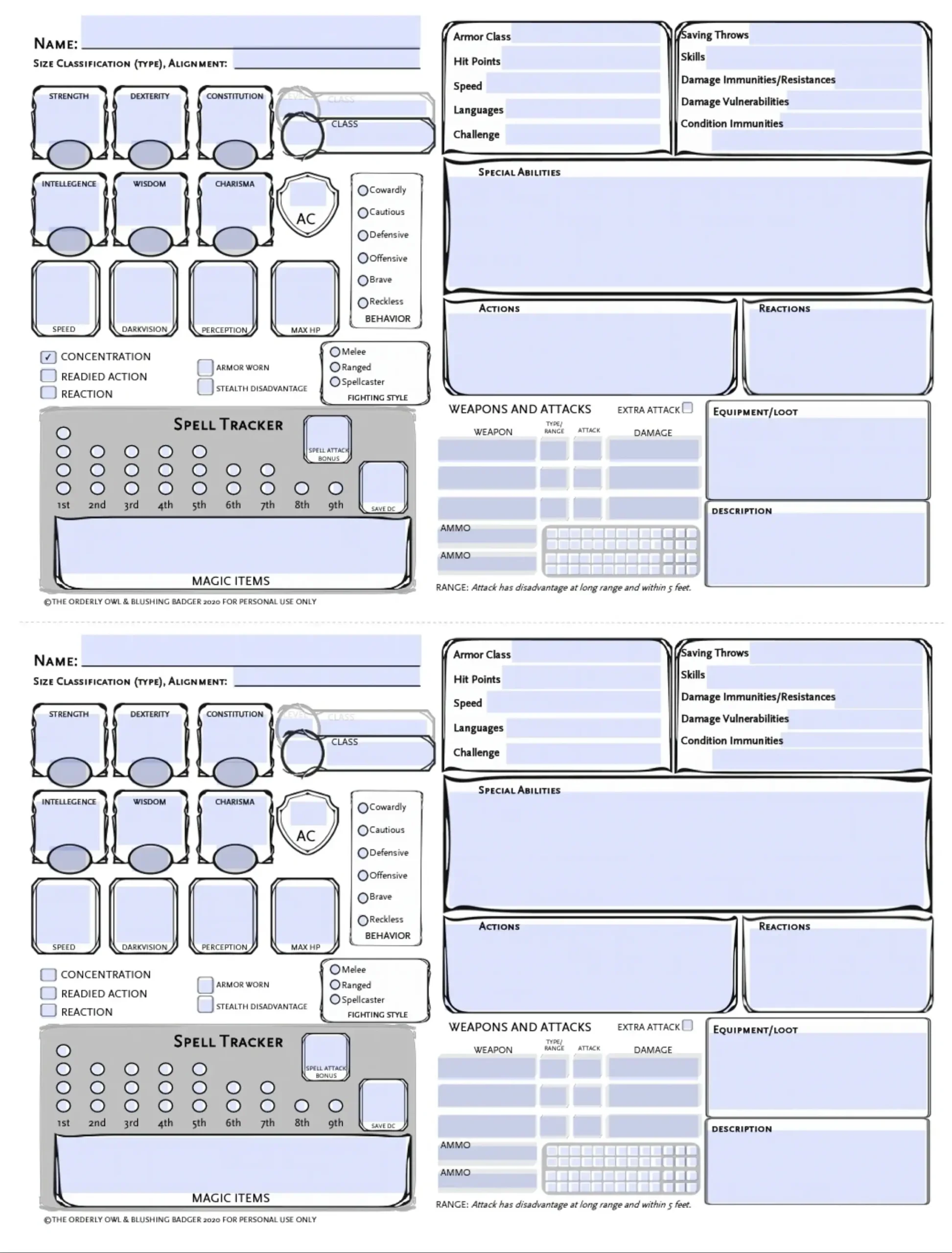 Printable Blank Monster Sheet D&D