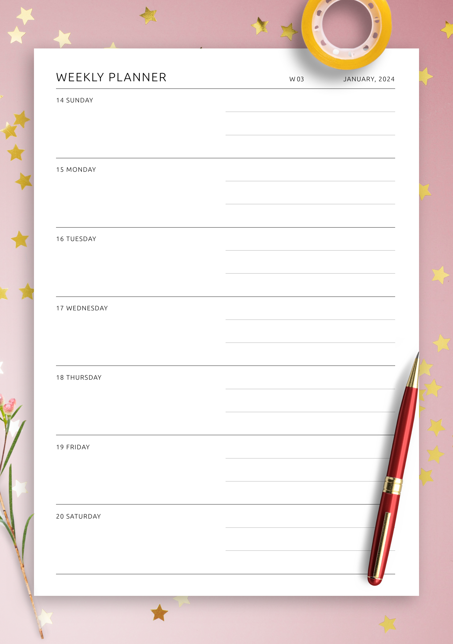 Download Printable One Page Weekly All Days Equal Size PDF