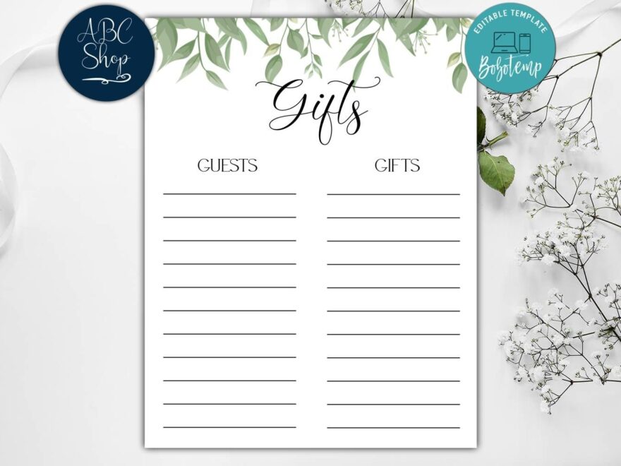 Editable Greenery Gift List Bridal Shower Gift List DIY Bobotemp
