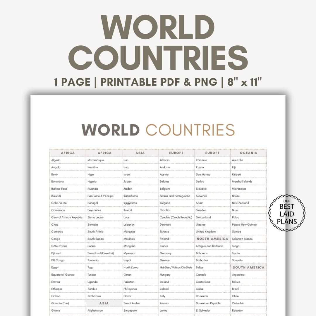 Printable List Of World Countries