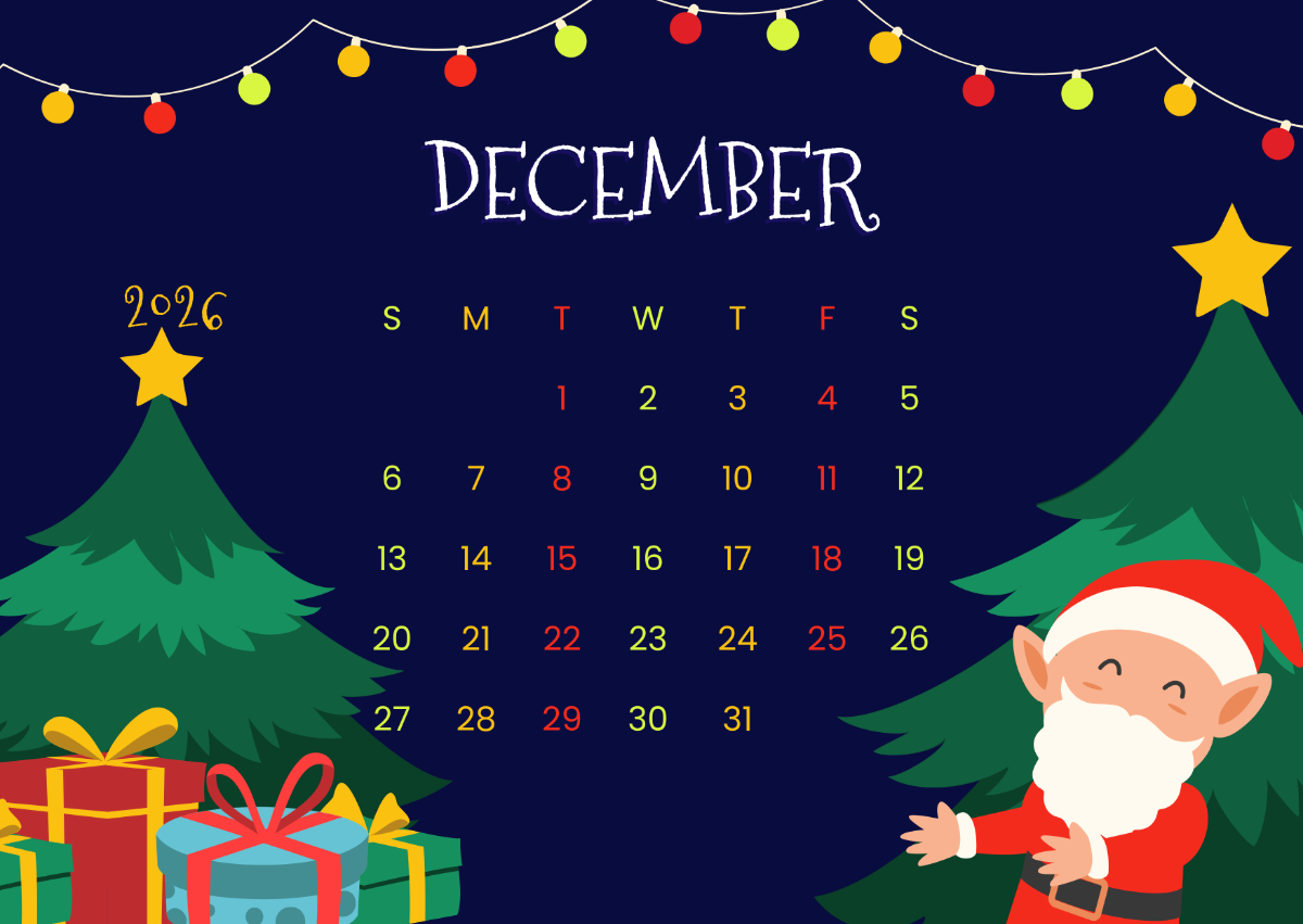 Free Colorful December 2026 Calendar For Kids Template To Edit Online