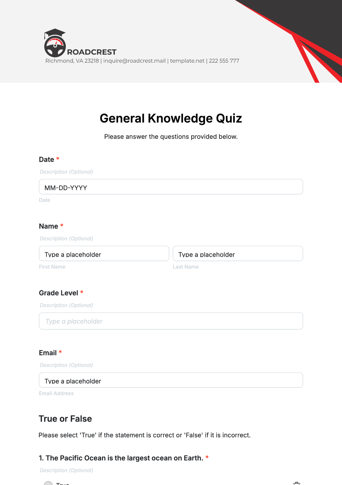 Free General Knowledge Quiz Template To Edit Online