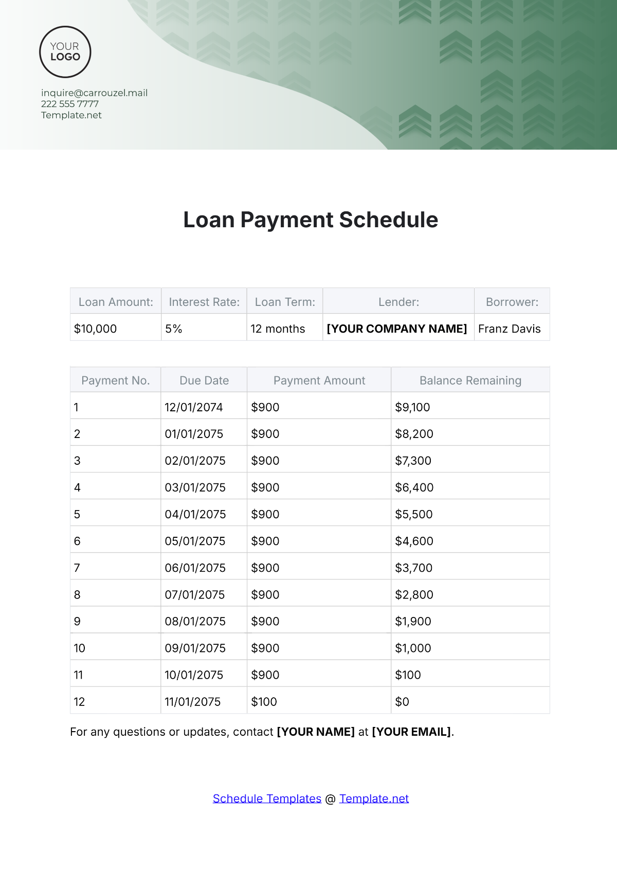 Printable Loan Payment Schedule