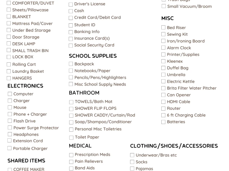 Free Printable College Packing List Tiaras amp Tantrums
