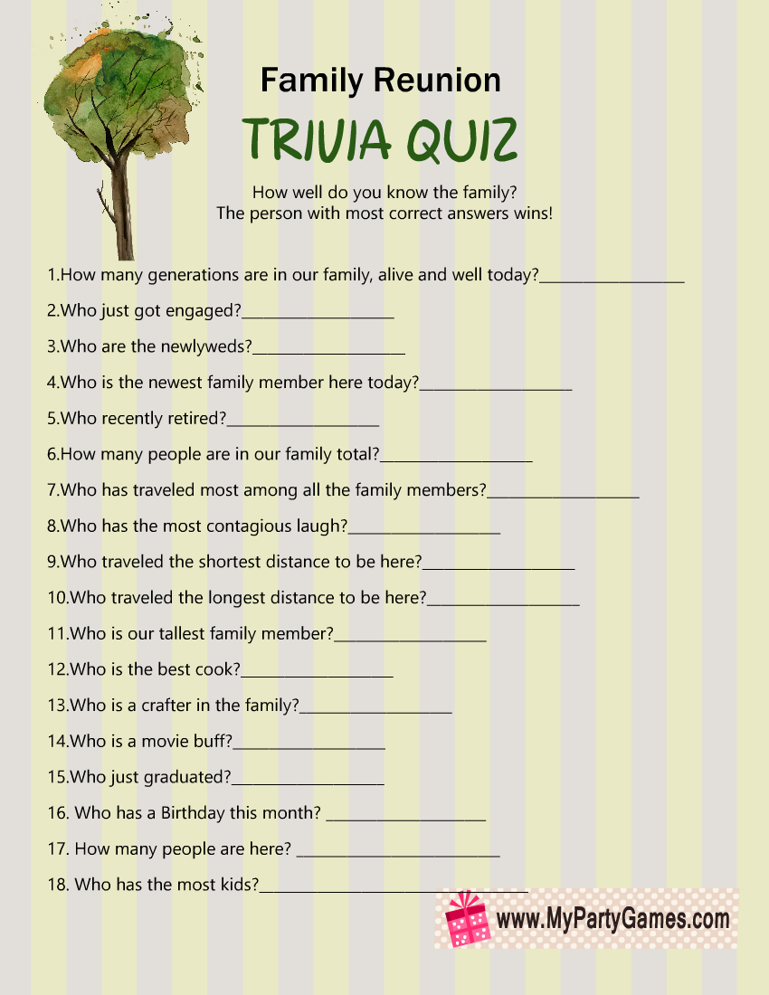 Free Printable Family Reunion Trivia Quiz