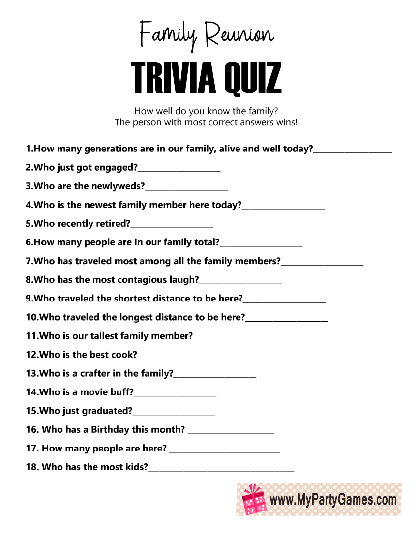 Free Printable Family Reunion Trivia Quiz