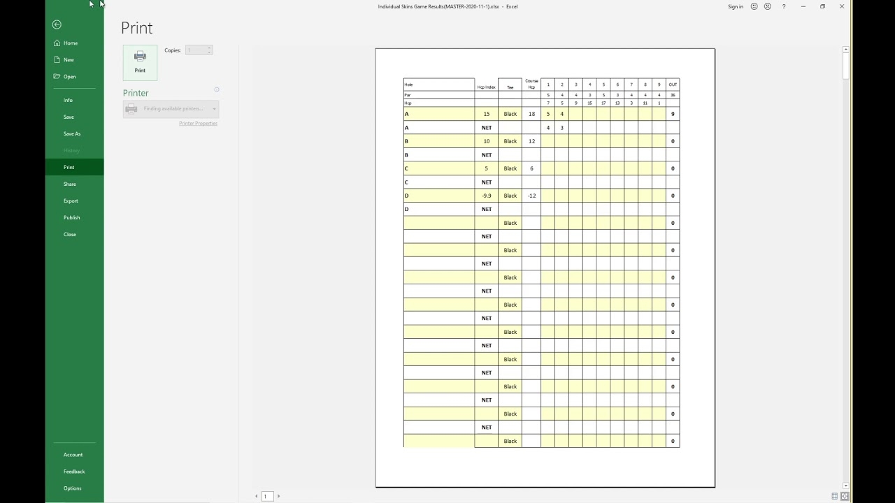 Golf Spreadsheet Individual Skins Game Results