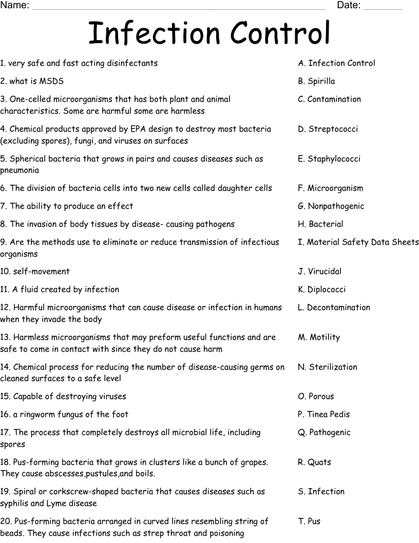 Infection Control Worksheet WordMint