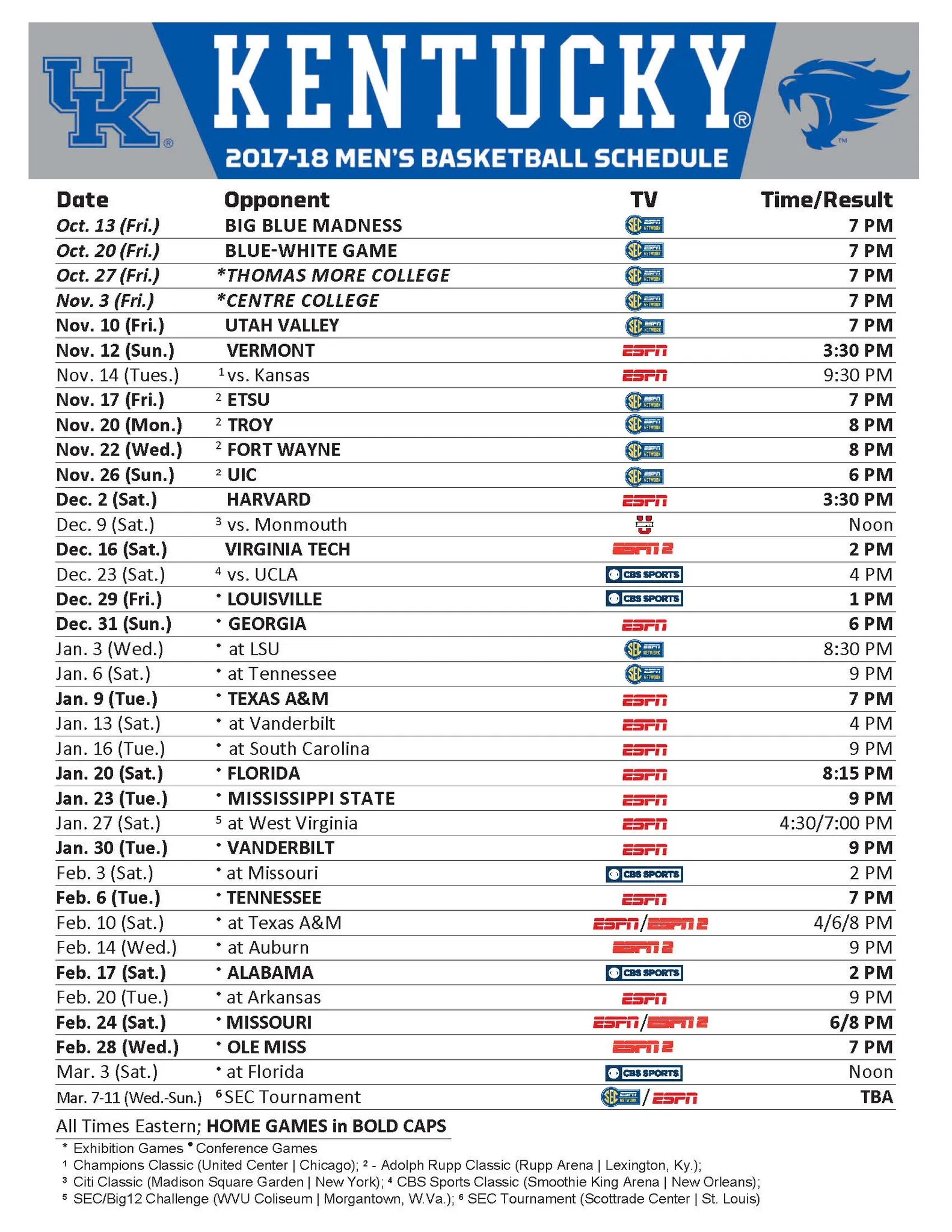 kentucky wildcats basketball full 2017 18 schedule channels