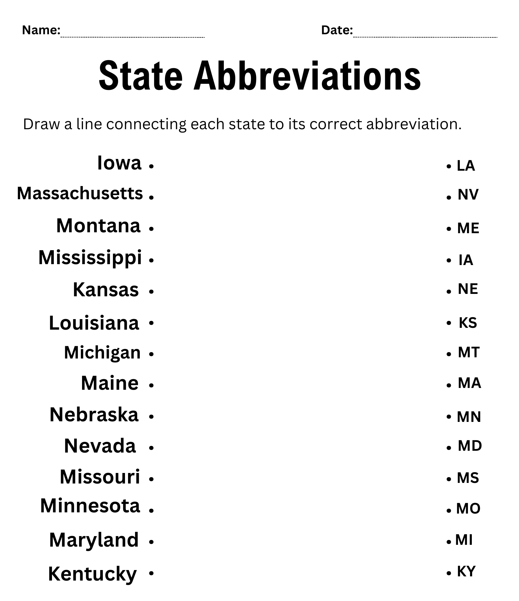 State Abbreviation Quiz Printable