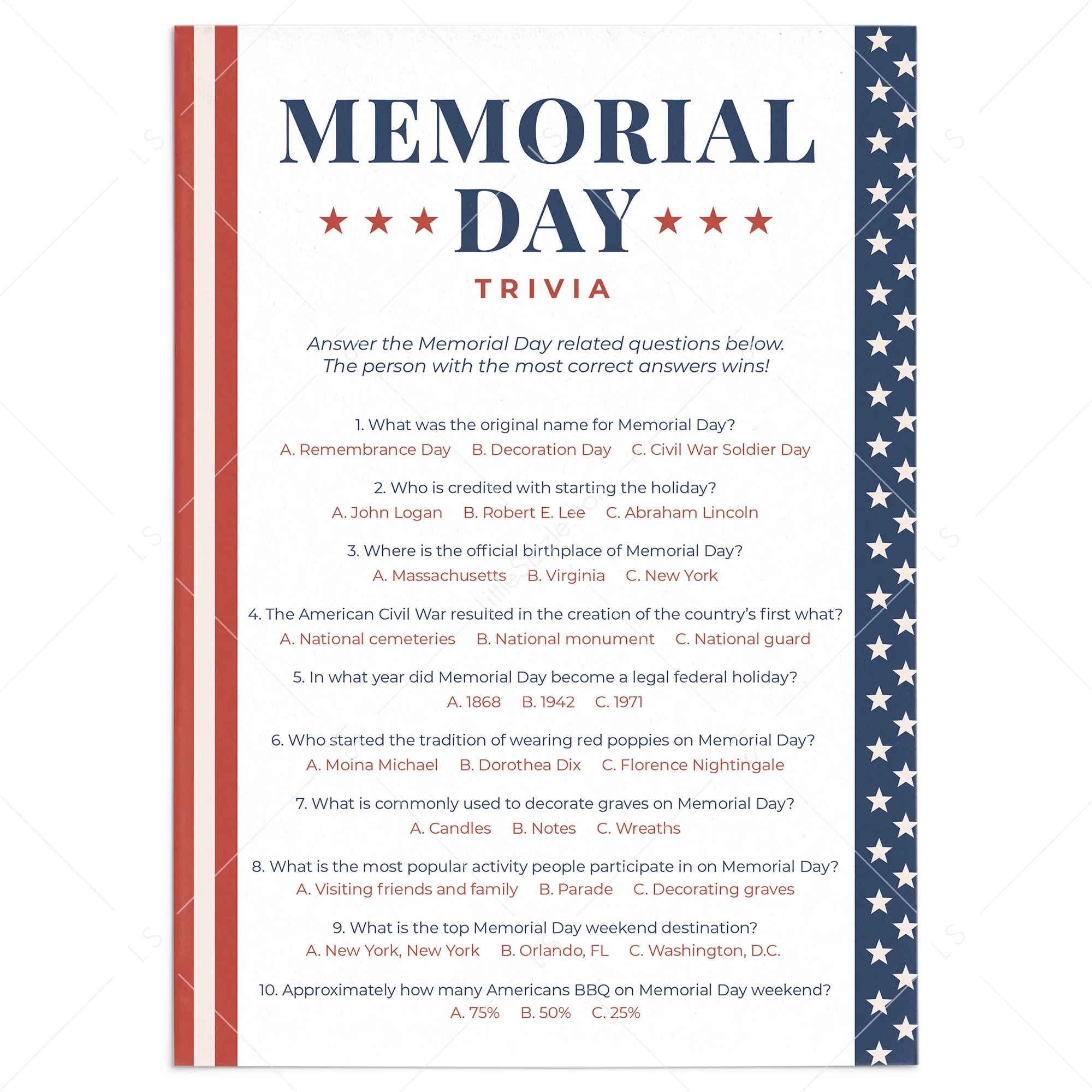 Remembrance Day Quiz Printable