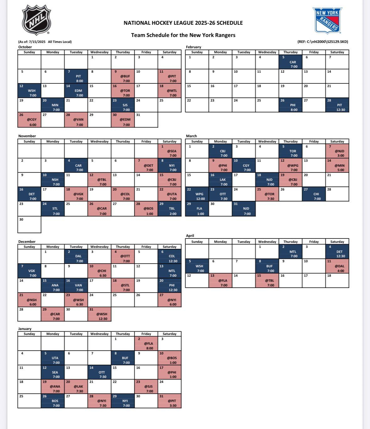Mercogliano Here s A Look At The Full NYR Schedule For 2025 26 