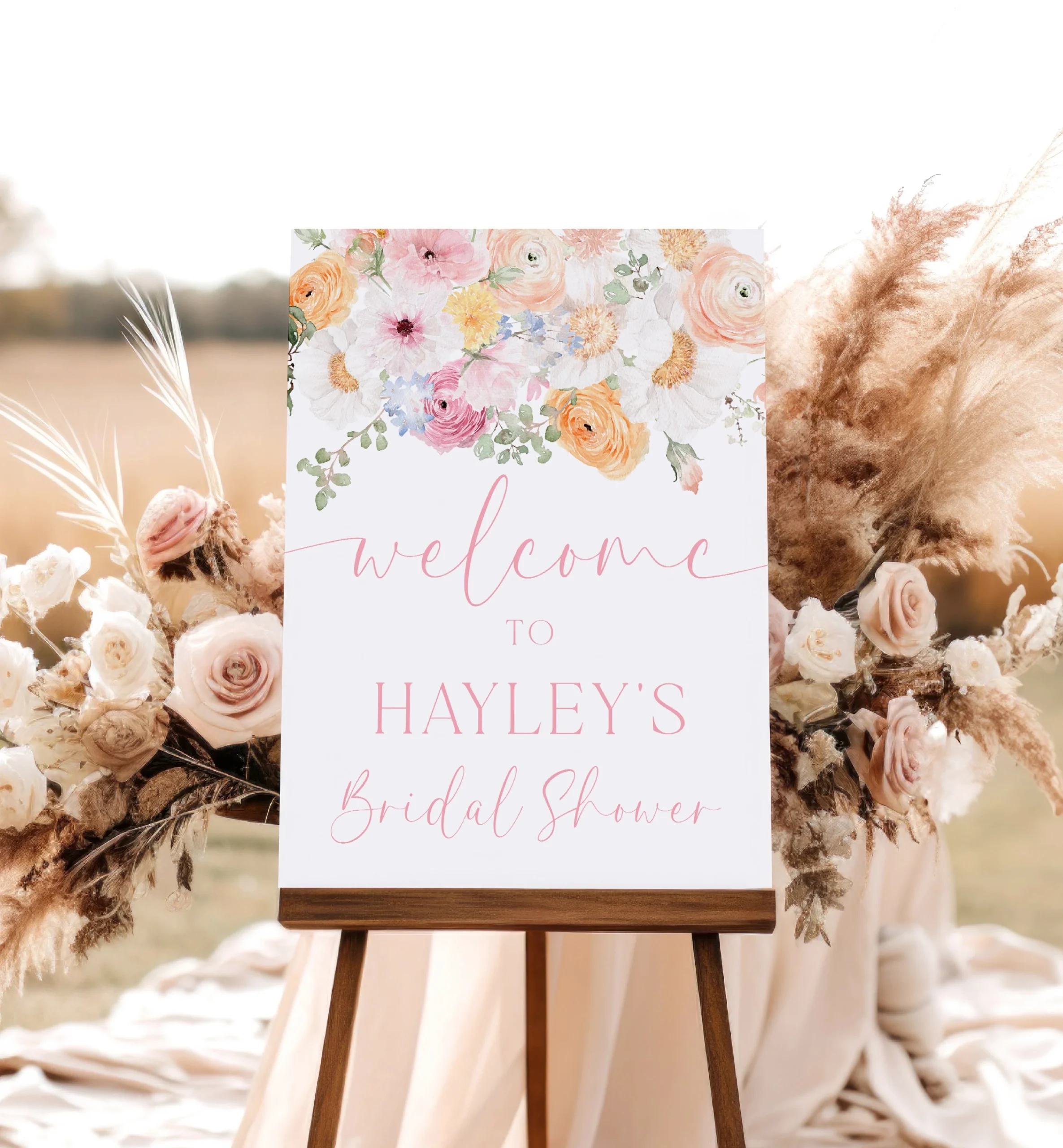Millie Floral White Printable Welcome Sign Template Black Bow 
