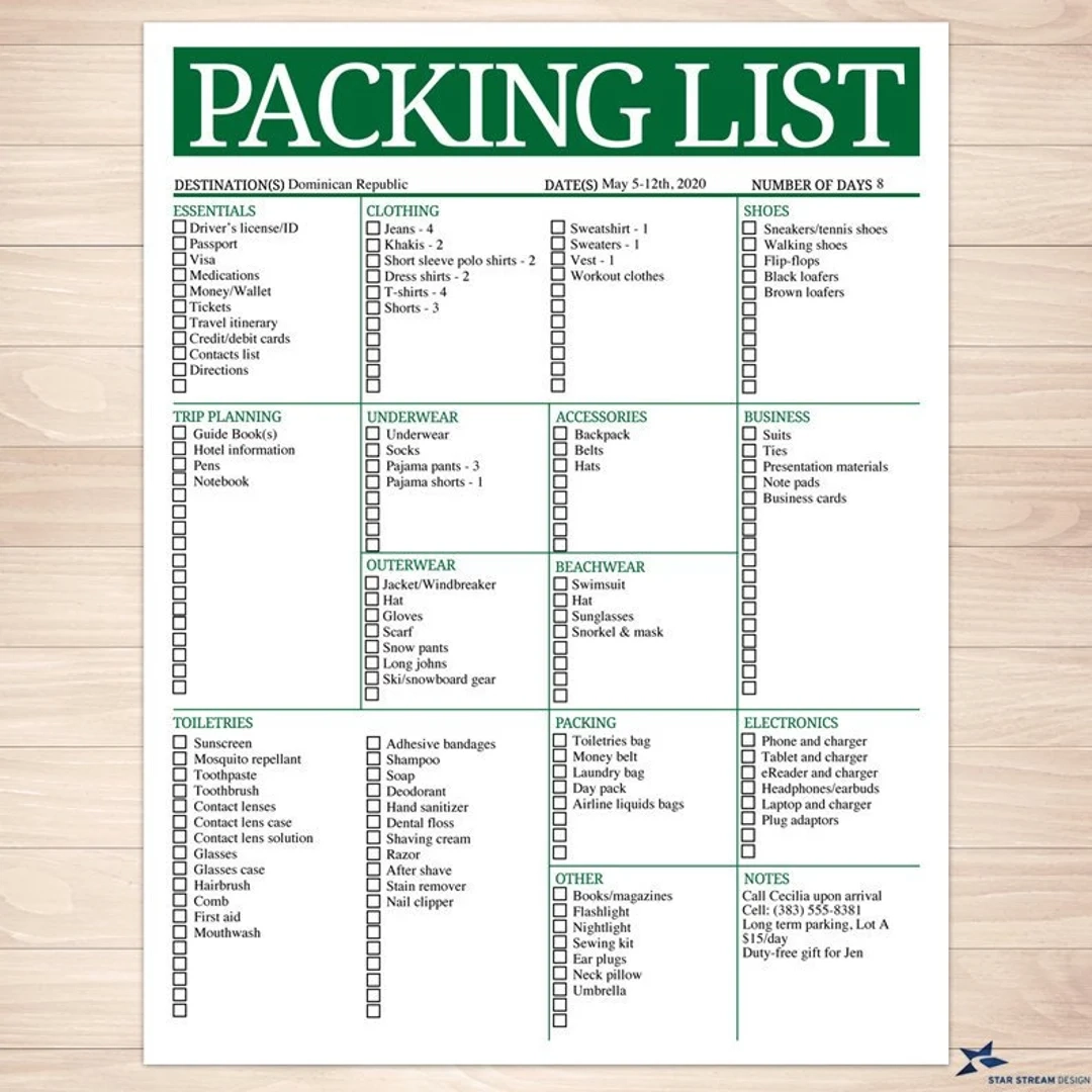 Modern Green Mens Or Unisex Printable Packing List 8 5 x11 Editable PDF Instant Download Checklist Etsy de