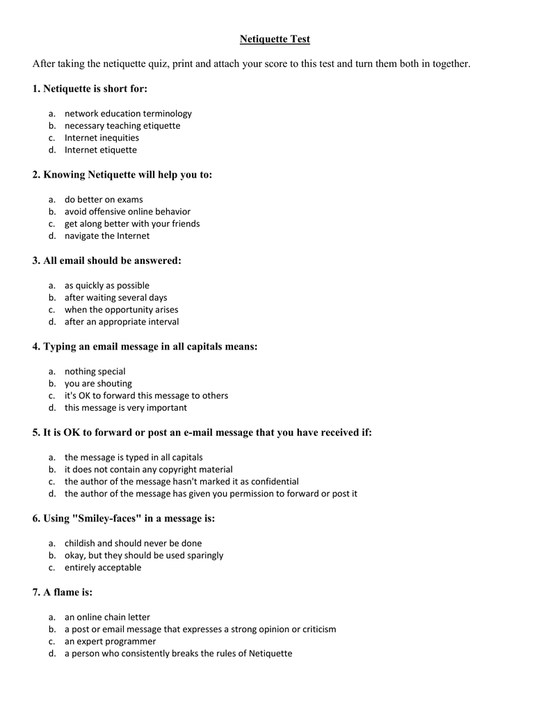 Online Etiquette Quizzes Printable Online Etiquette Quizzes Printable