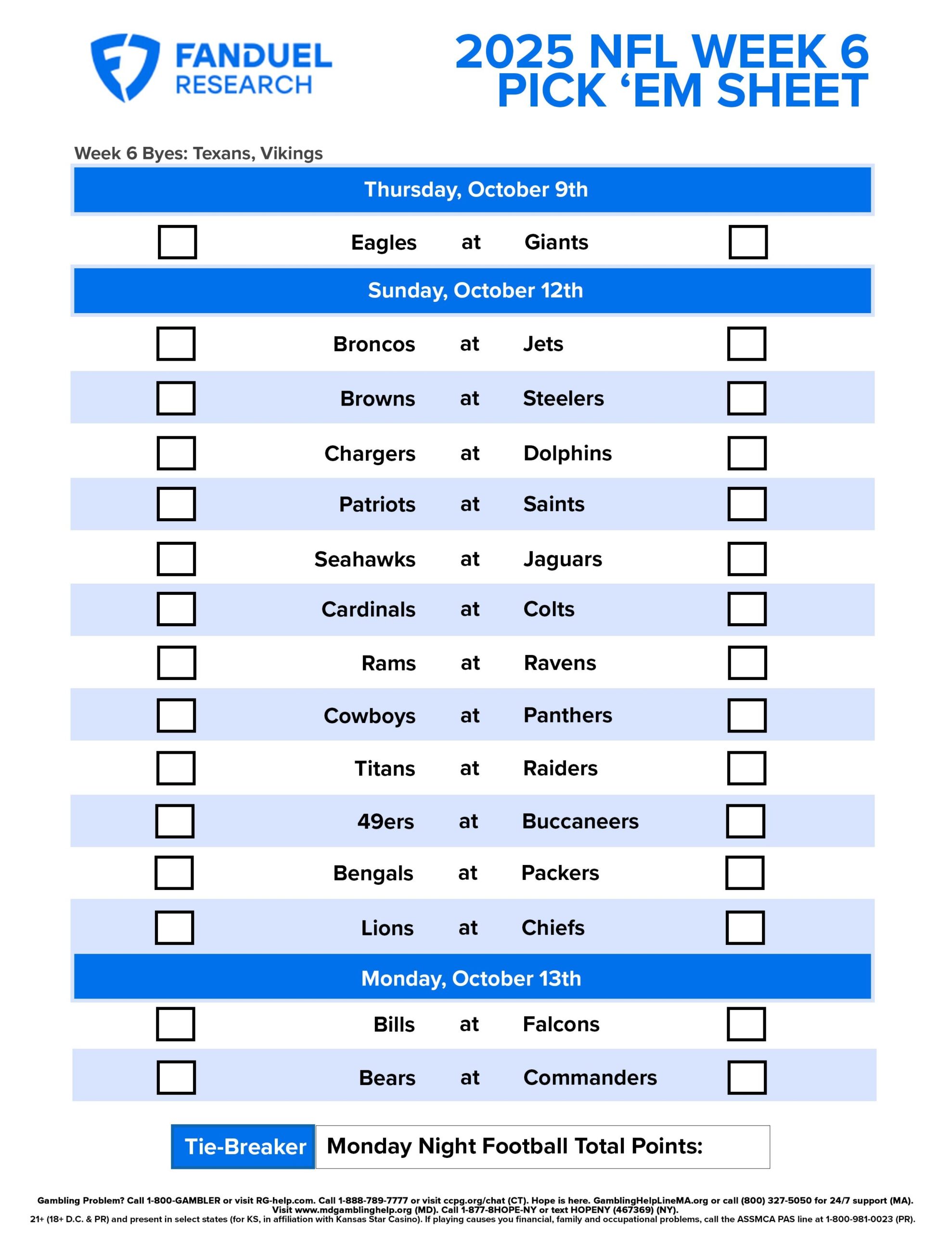 NFL Week 6 Pick Em Sheet Free Printable Schedule And Betting 