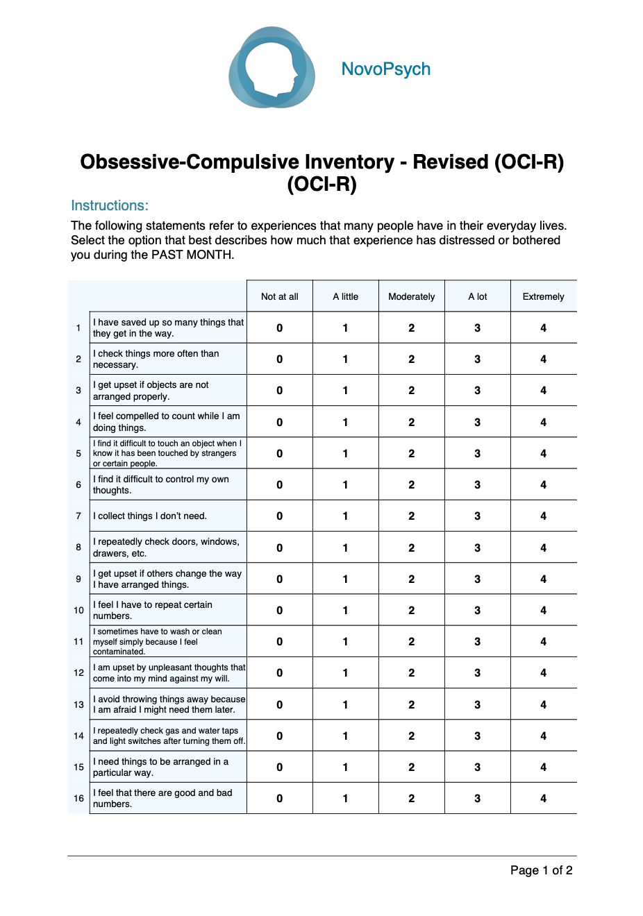 OCI R Obsessional Compulsive Inventory OCI R Obsessional Compulsive Inventory