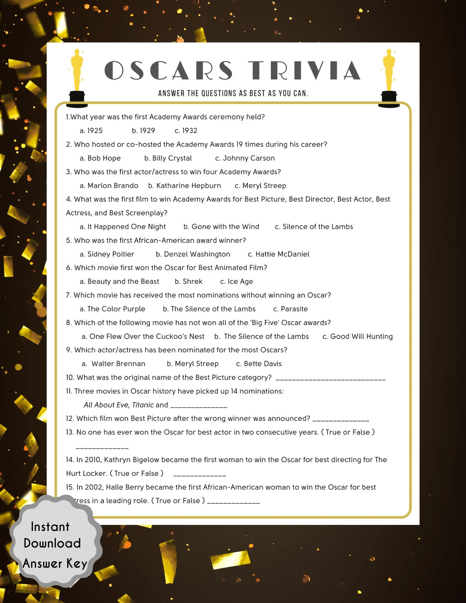 Oscars Trivia Game 95th Academy Awards Printable PDF instant 