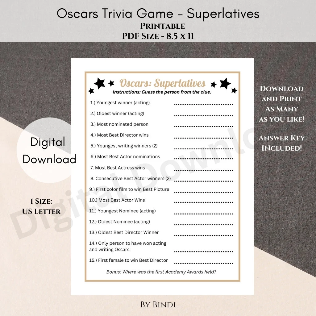 Oscars Trivia Spiel Druckbare PDF Oscar Party Spiel Zum 