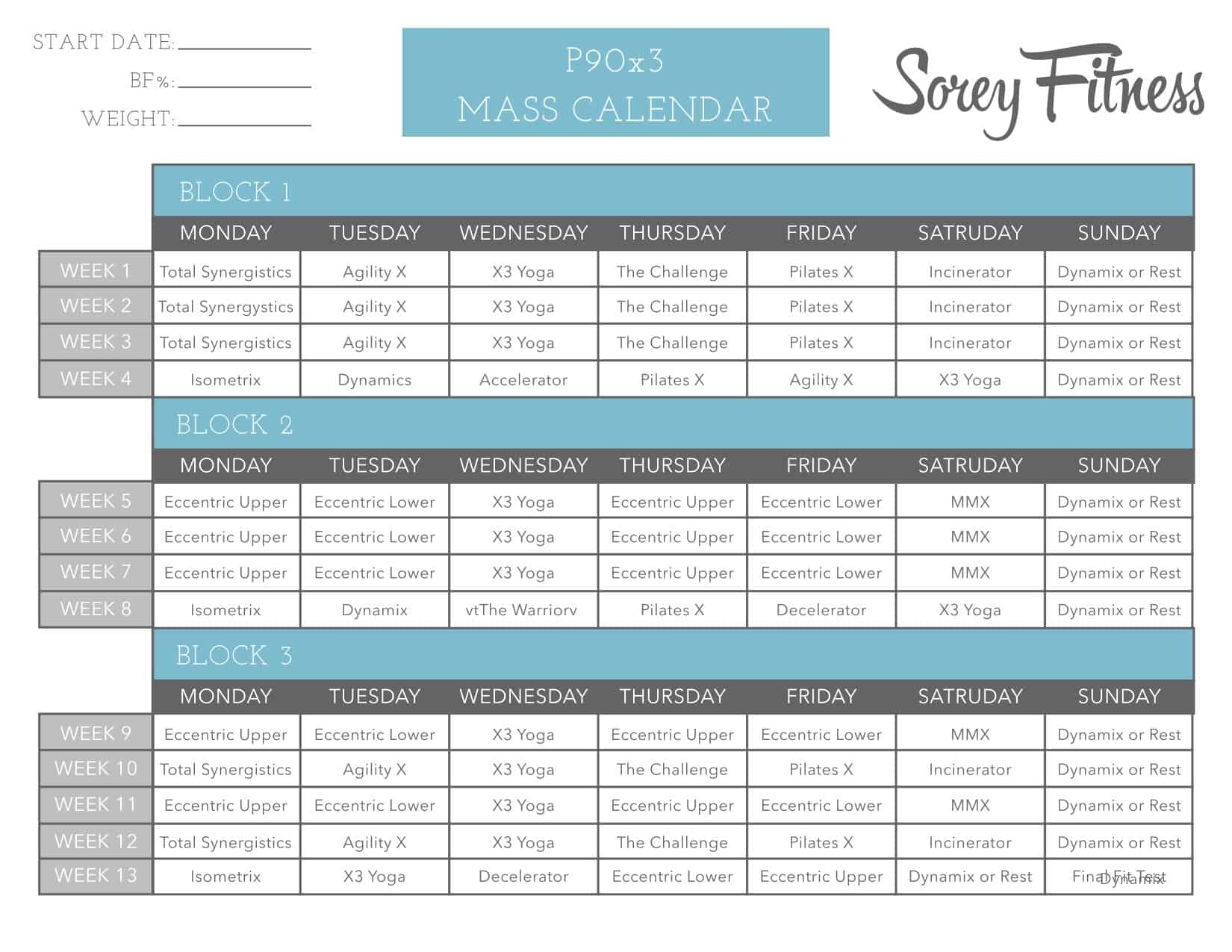 Printable P90x3 Workout Schedule Printable P90x3 Workout Schedule