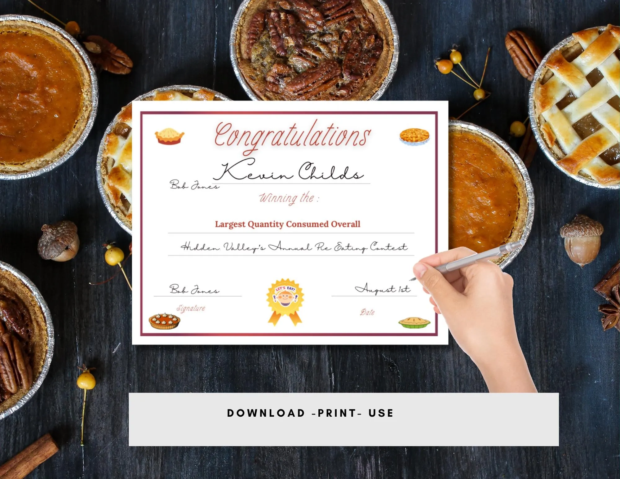 Pie Eating Contest Award Certificates Kit Printable Party Game 
