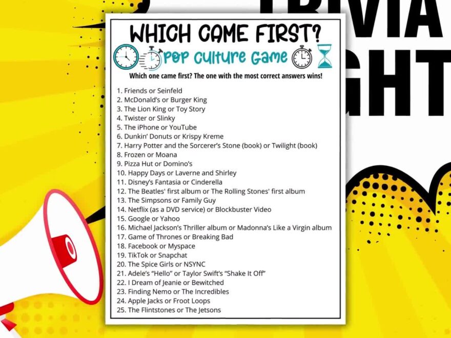 Pop Culture Trivia Game Guess Which Came First Quiz Printable Game For Kids amp Adults Family Game Movie Night Office Party Fun TV Music Quiz