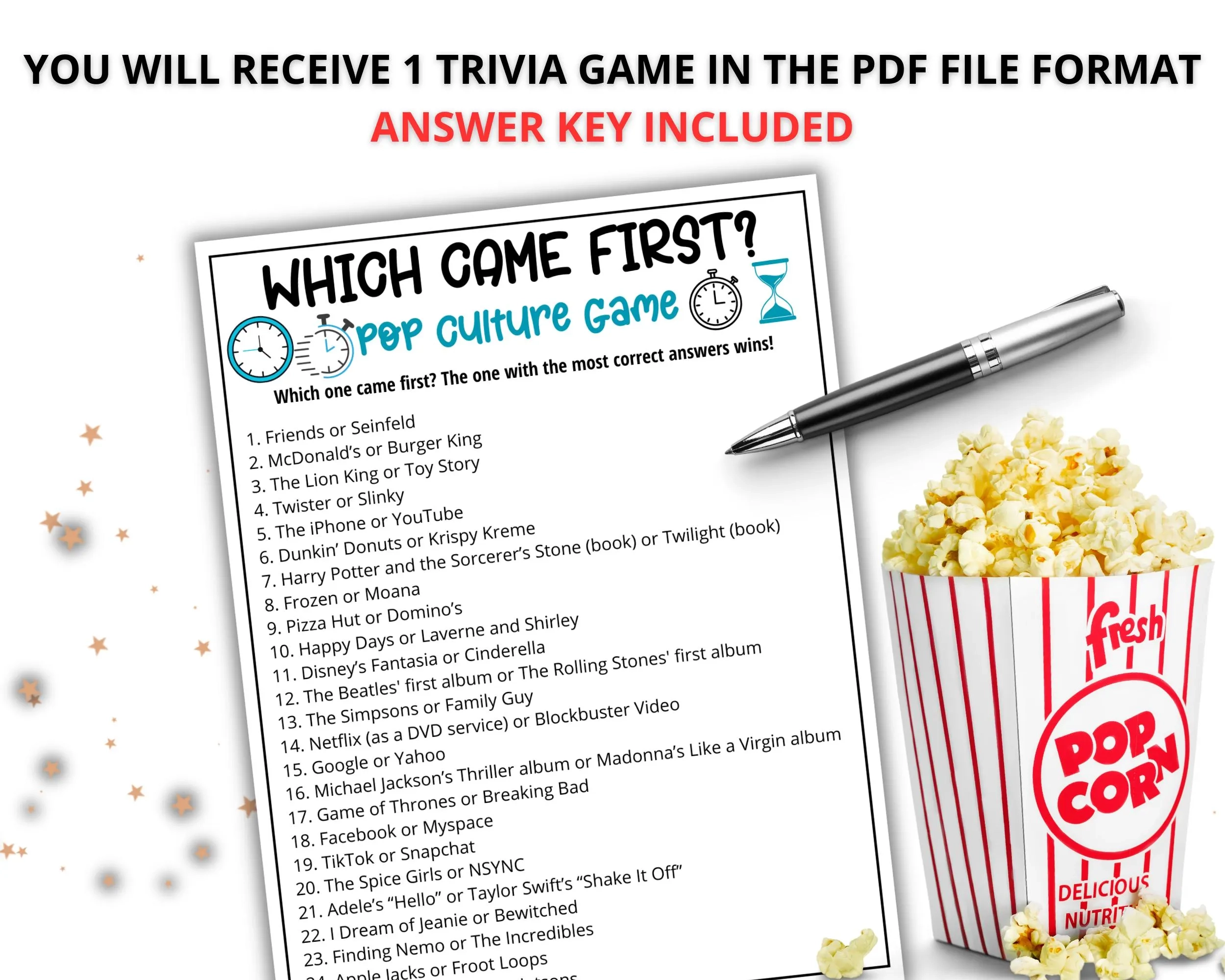 Pop Culture Trivia Game Guess Which Came First Quiz printable 