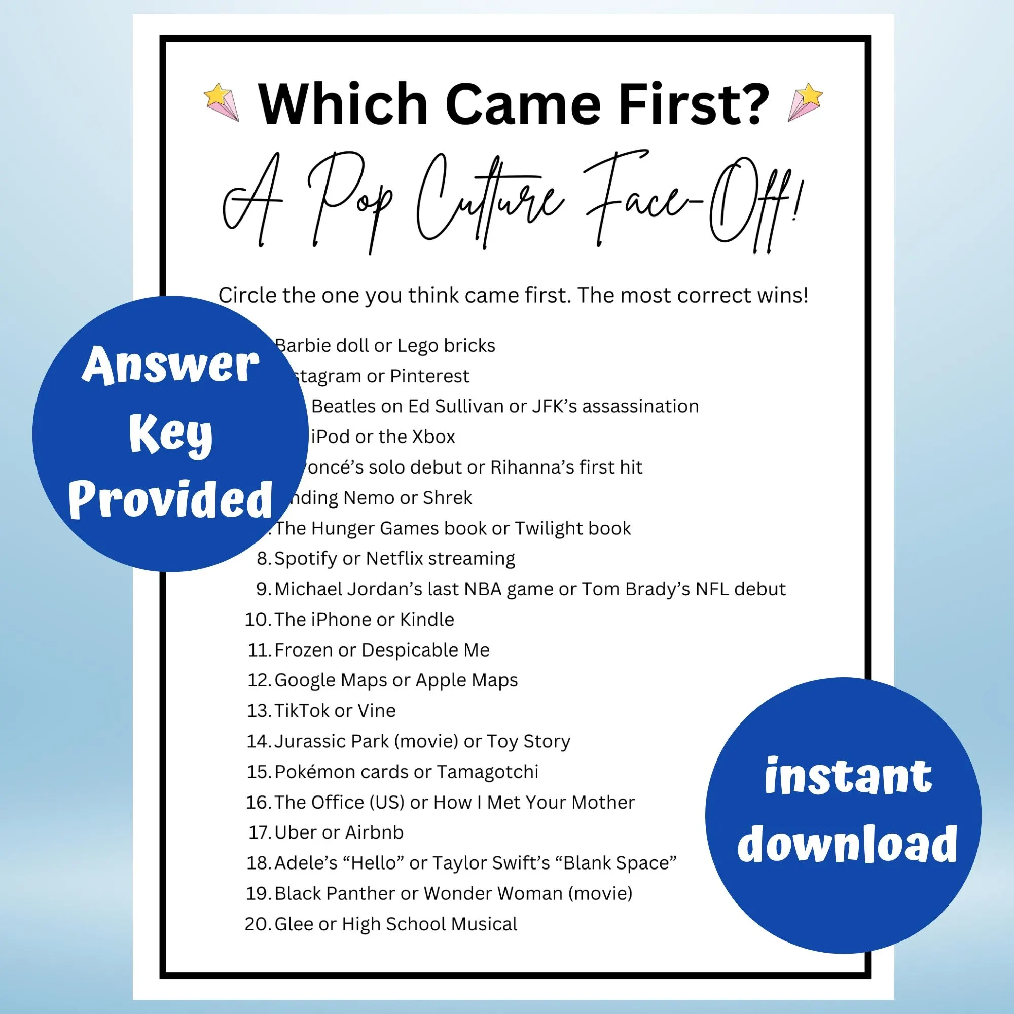 Which Came First Trivia Printable