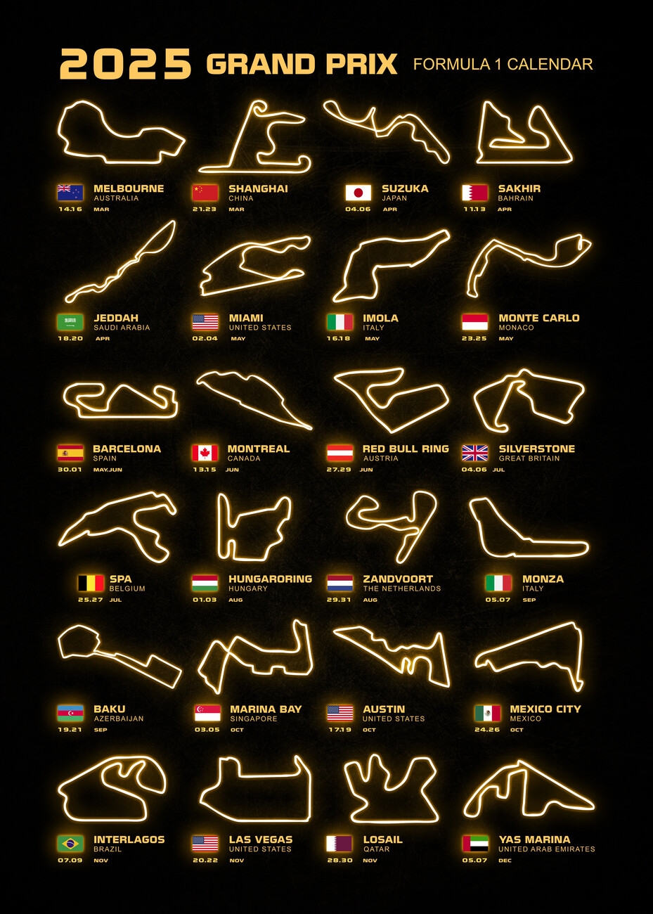 Poster Formula 1 Season Calendar 2025 Wall Art 3 1 FREE 