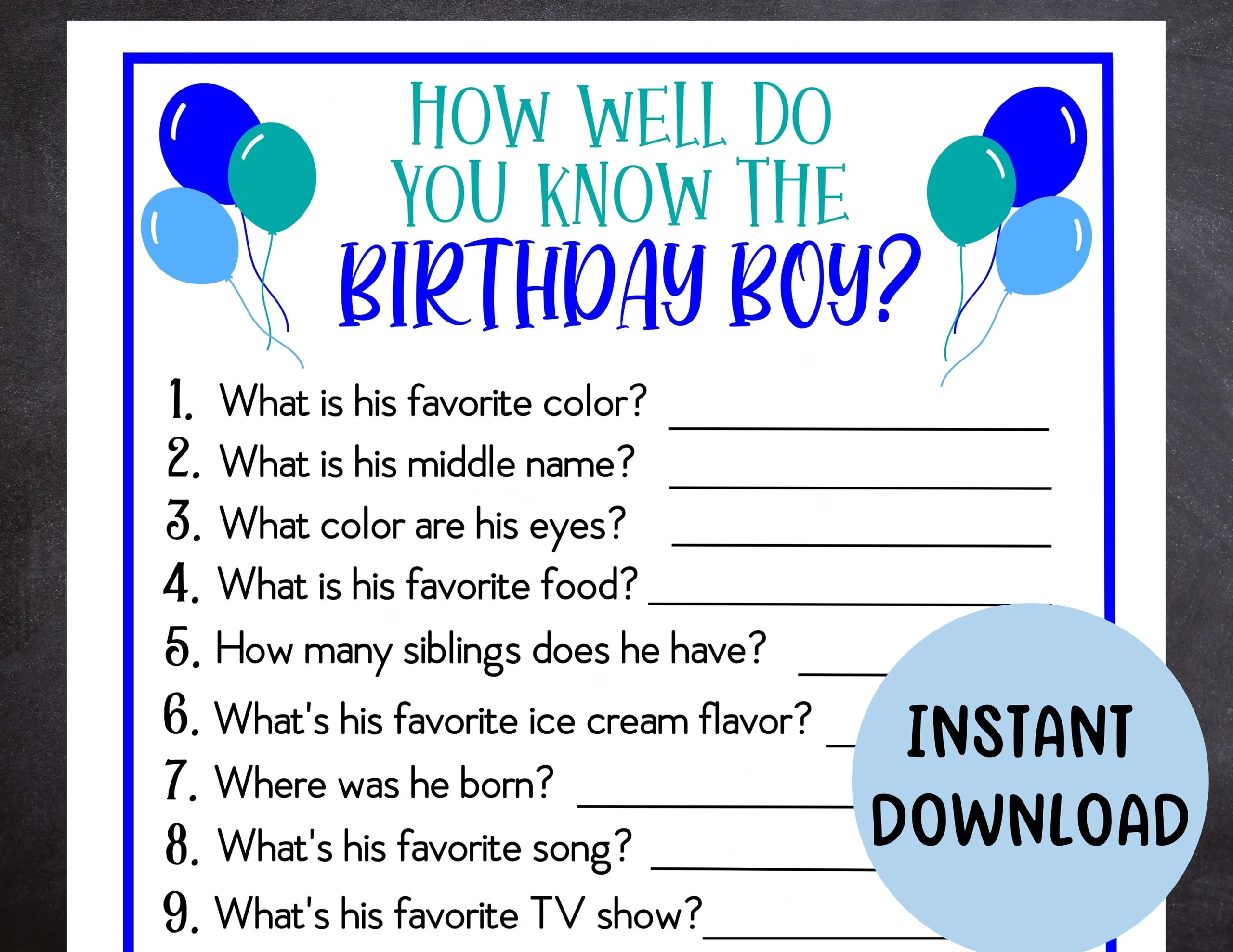 Printable Birthday Game For Boy Birthday Birthday Trivia Game 